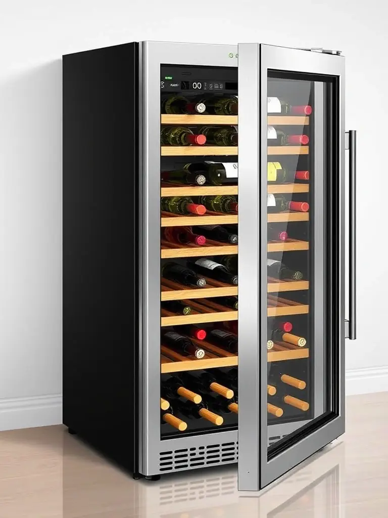 An image showcasing the Luxury 30-Bottle Wine Cooler, focusing on its stainless steel frame, double-layered glass door, and adjustable wooden shelves, highlighting its premium build quality.