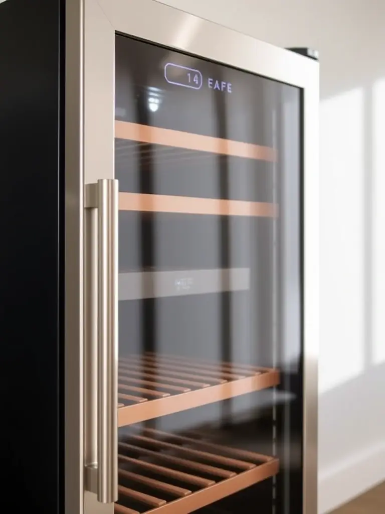 A close-up shot of the Chateau 46-Bottle Dual Zone Fridge, highlighting the dual temperature zones and the elegant stainless steel finish, showcasing its advanced temperature control features.