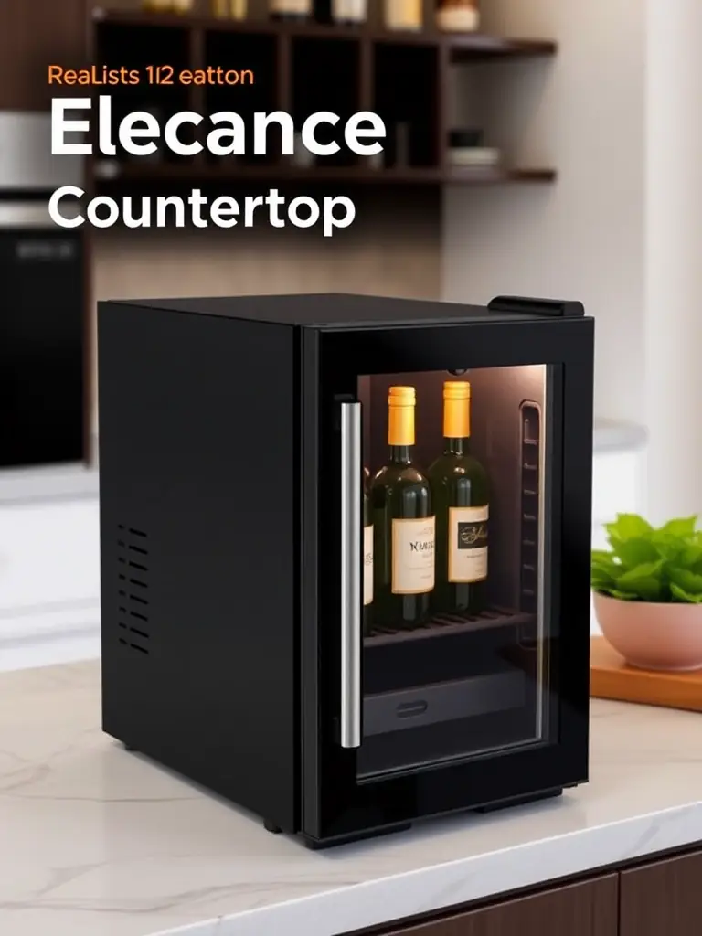 A detailed image of the Elegance 12-Bottle Countertop Fridge, emphasizing its compact size and sleek design, perfect for small spaces and countertop placement.